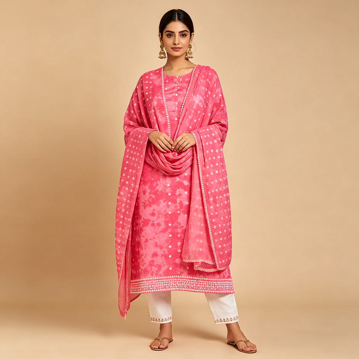 Pink Tie-Dye Polka Dot Embroidered Kurta Set with Dupatta
