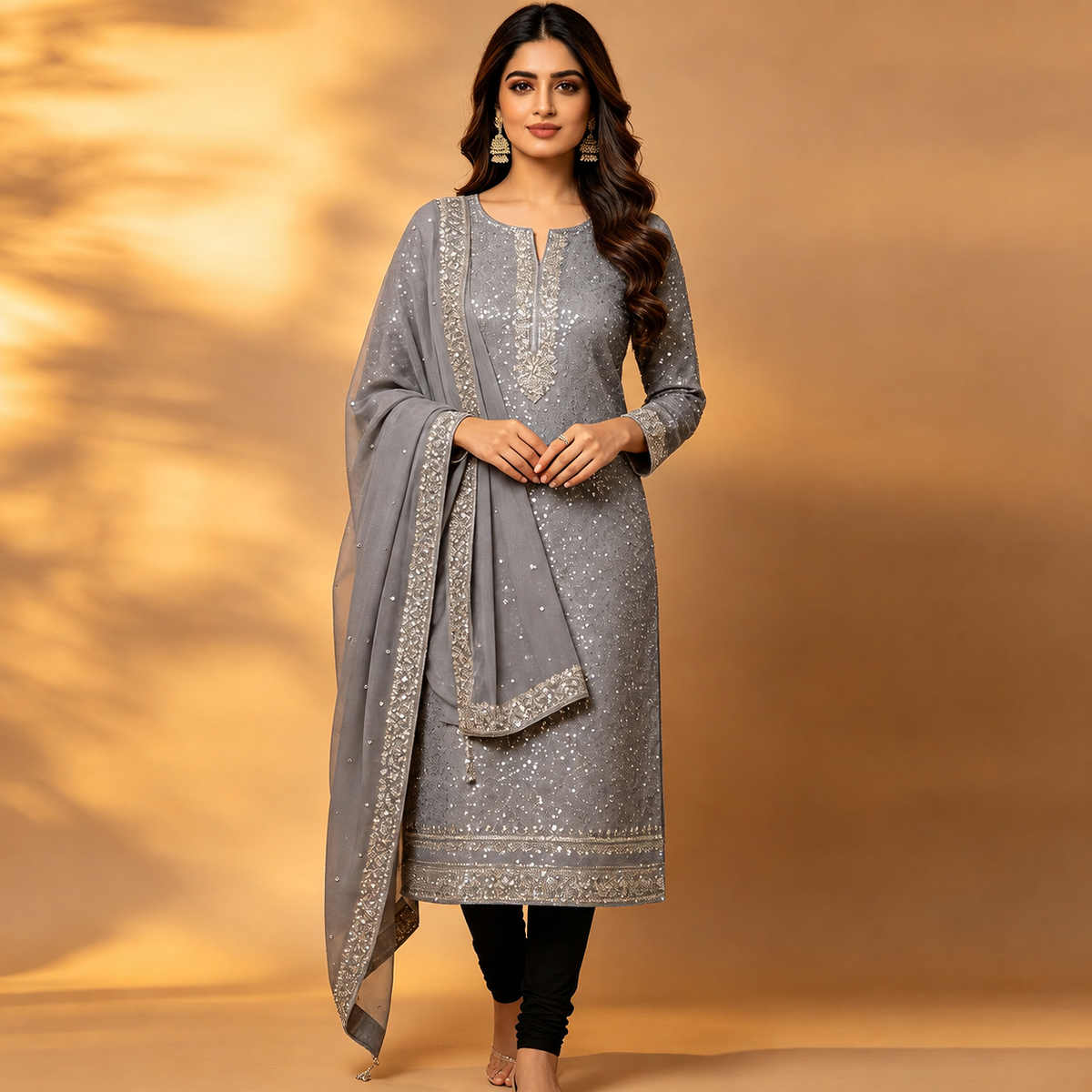 Slate Grey Silver Sequin Embellished Kurta Set with Dupatta
