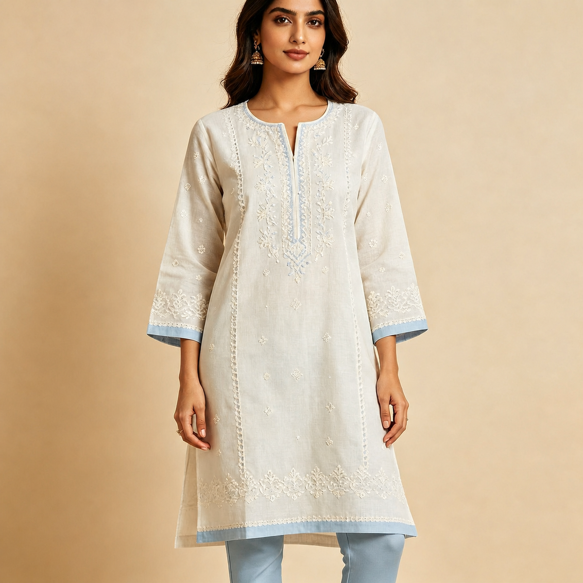 Ivory & Sky Blue Chikankari Embroidered Straight Kurta Set