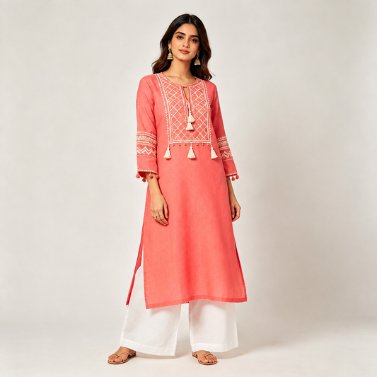 Coral Pink Embroidered Straight Kurta with Tassel Detailing