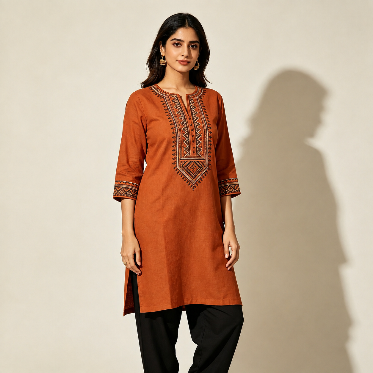 Rust Terracotta Tribal Embroidered Straight Kurta