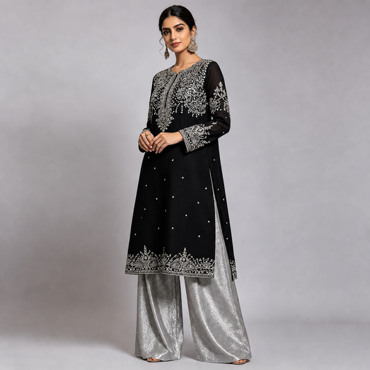 Black Silver Embellished Yoke Kurta Set with Metallic Palazzo