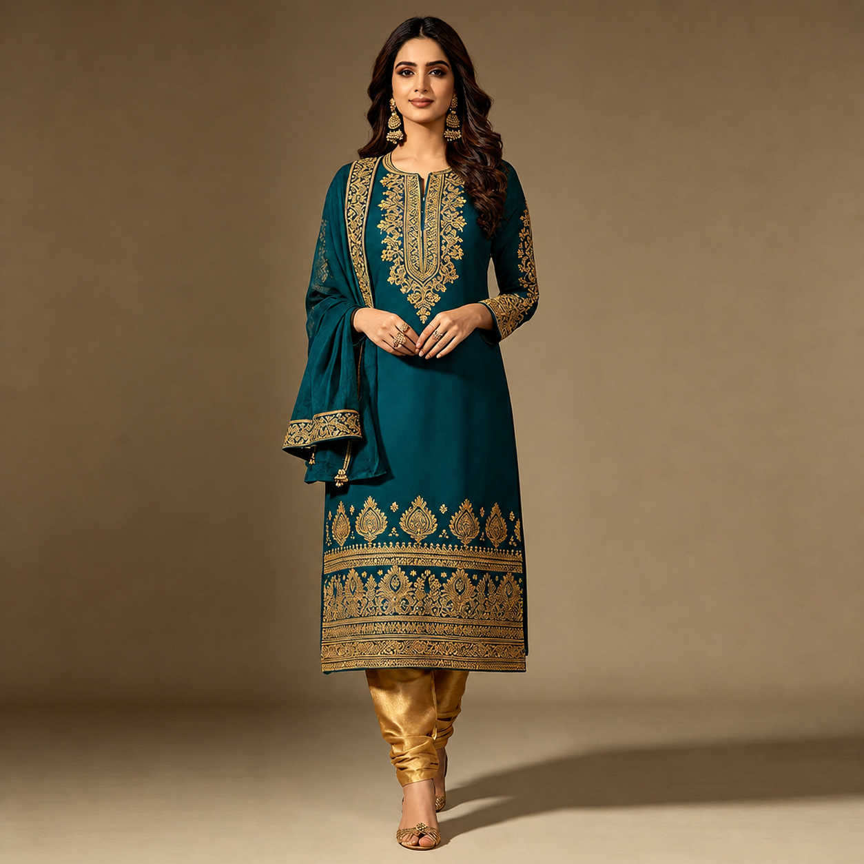 Peacock Teal Gold Embroidered Straight Kurta Set with Dupatta