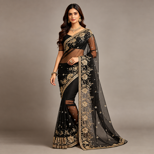 Black Soft Net Banarasi Saree — Gold Zari & Crystal Embroidered Floral Jaal