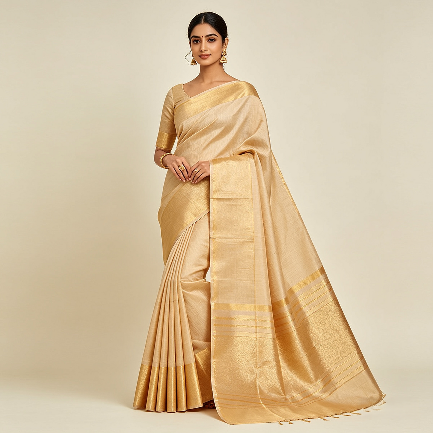 Golden Beige Pure Silk Banarasi Saree — Broad Gold Zari Border & Self-Pallu