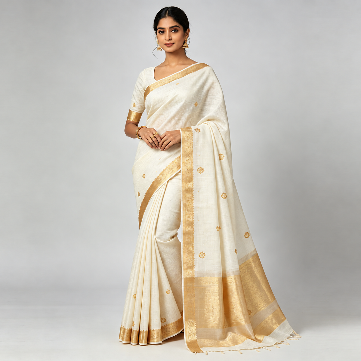 Cream Pure Silk Banarasi Saree — Gold Zari Buti & Broad Border