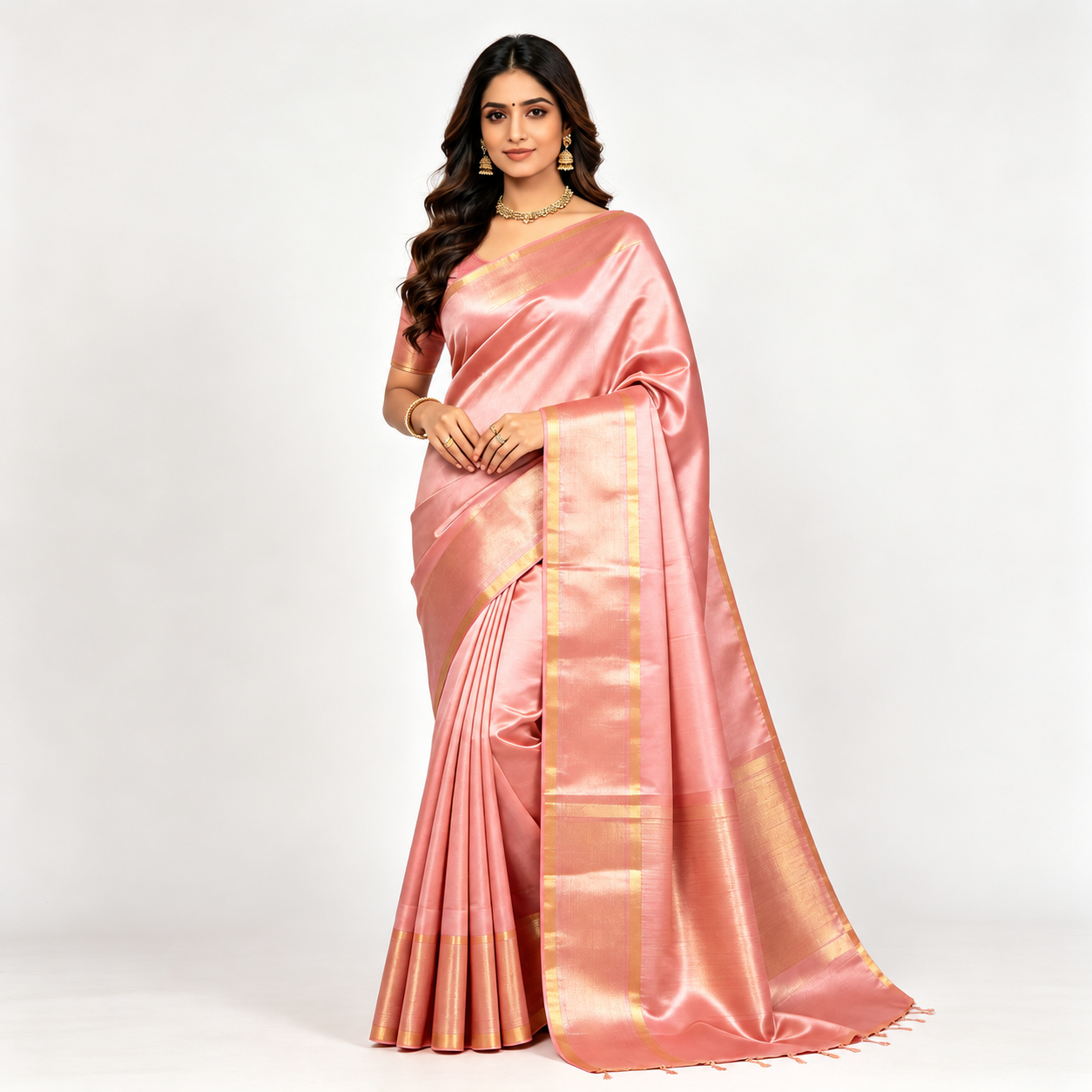 Blush Pink Premium Silk Banarasi Saree — Luminous Gold Zari Border & Striped Pallu