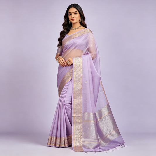 Lavender Organza Silk Banarasi Saree — Gold Zari Border & Buti Motifs