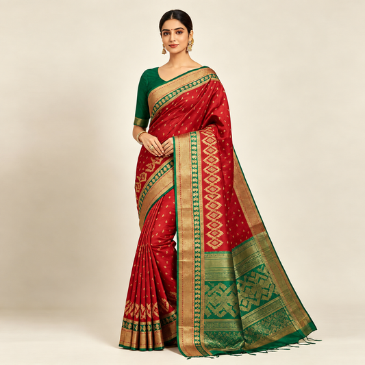 Red & Green Pure Silk Banarasi Saree — Gold Zari Buti & Contrast Green Border-Pallu