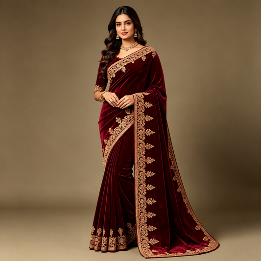 Maroon Velvet Saree — Intricate Gold Zari Embroidered Border & Buti