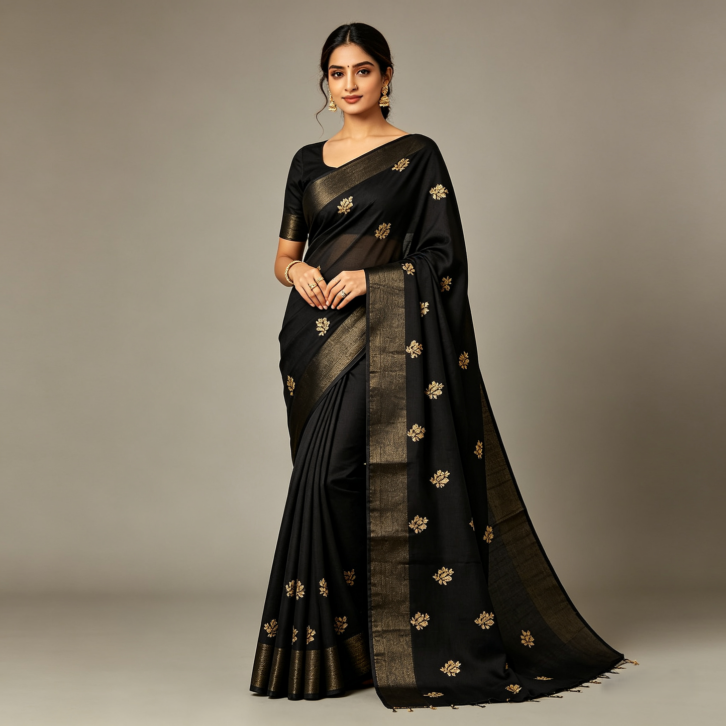 Black Premium Silk Banarasi Saree — Gold Zari Floral Buti & Broad Border
