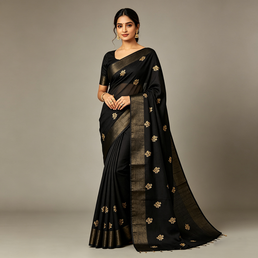Black Premium Silk Banarasi Saree — Gold Zari Floral Buti & Broad Border