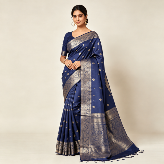 Navy Blue Pure Silk Banarasi Saree — Antique Gold Zari Buti & Brocade Border