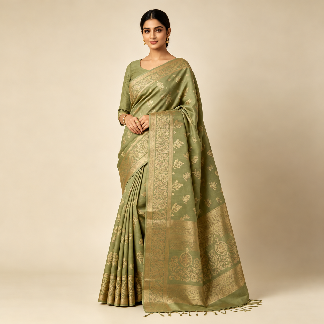 Sage Green Pure Silk Banarasi Saree — Gold Zari Floral Jaal & Brocade Border