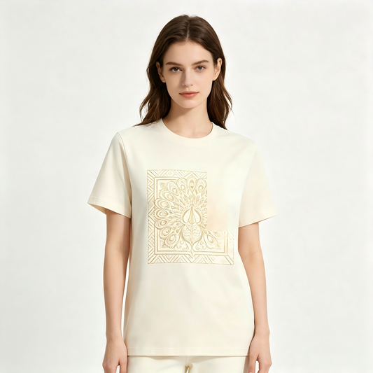 Women Cream Golden Peacock Mandala Square Embroidery T-Shirt, Luxury Indian Boho Short Sleeve Top