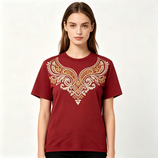 Women Burgundy Indian Paisley V-Shaped Embroidery Short Sleeve T-Shirt, Bohemian Floral Crew Neck Top