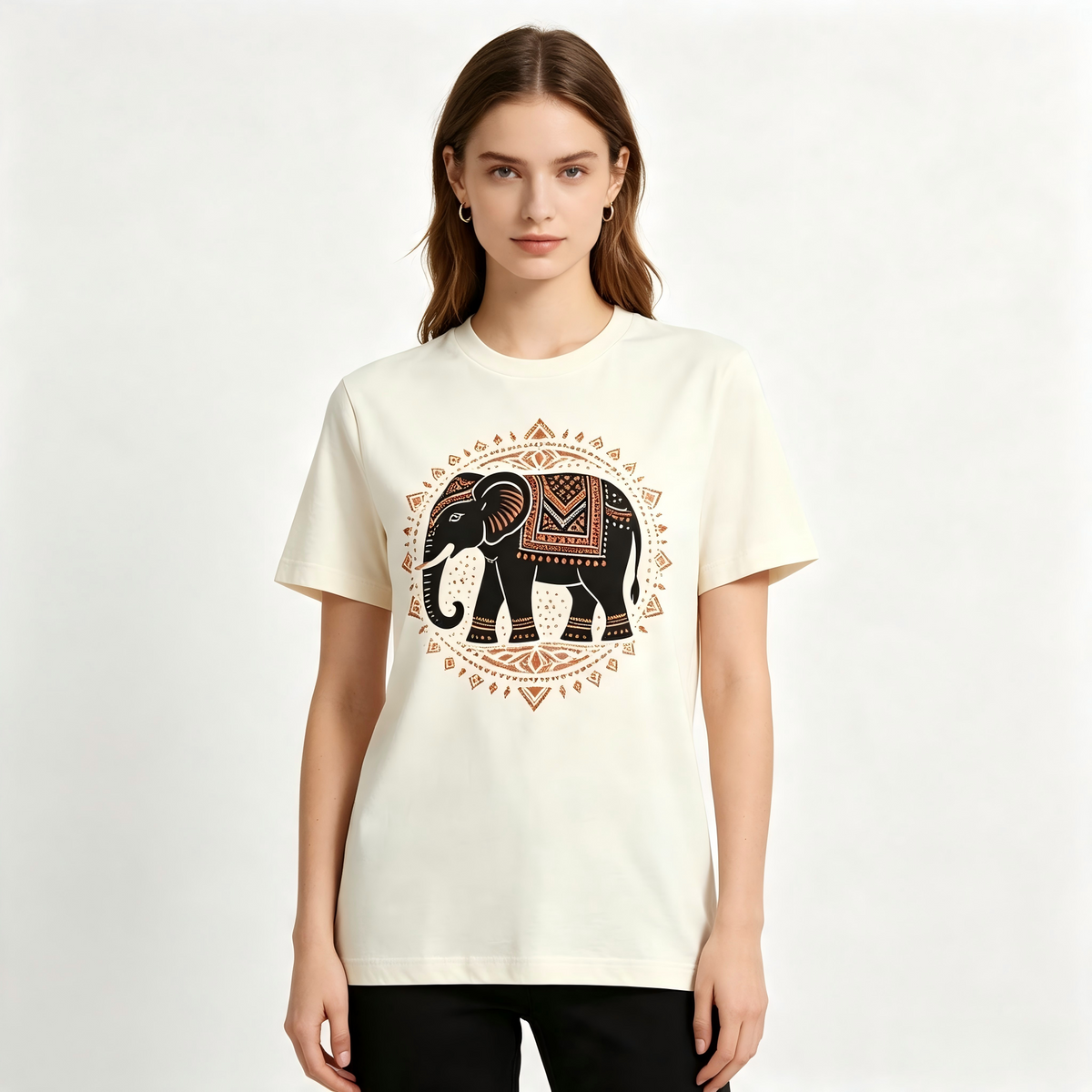 Women Cream Indian Elephant Mandala Print Crew Neck T-Shirt, Boho Ethnic Animal Short Sleeve Top