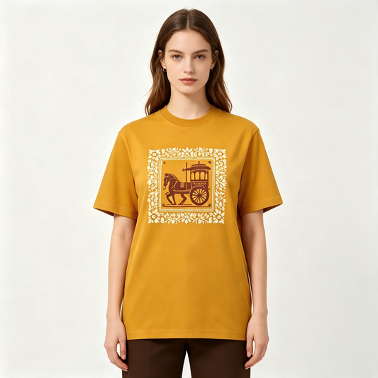 Women Mustard Yellow Rajasthani Horse Carriage Floral Frame Print T-Shirt, Vintage Ethnic Short Sleeve Top