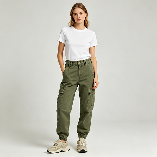 Olive Green High-Rise Cargo Jogger Jeans