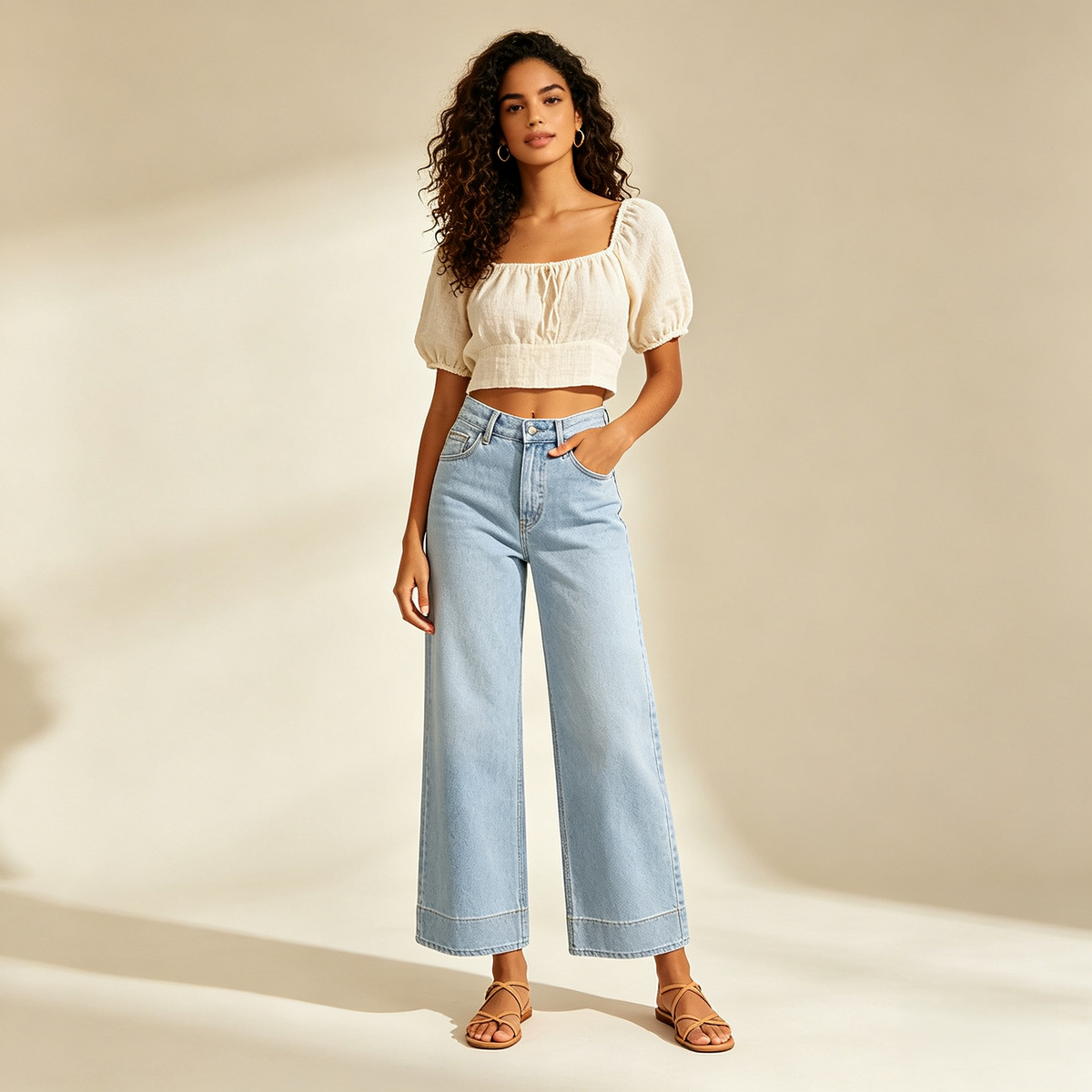 Pale Sky Blue High-Rise Wide-Leg Culotte Jeans — Premium Cropped Denim