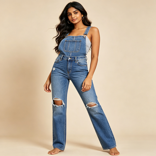 Medium Blue Distressed Denim Dungarees — Ripped Straight-Leg Overalls