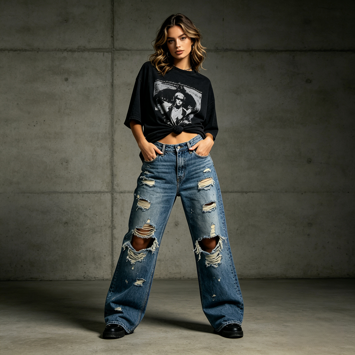 Vintage Blue Ultra-Wide Leg Heavily Distressed Jeans — Premium Rigid Denim