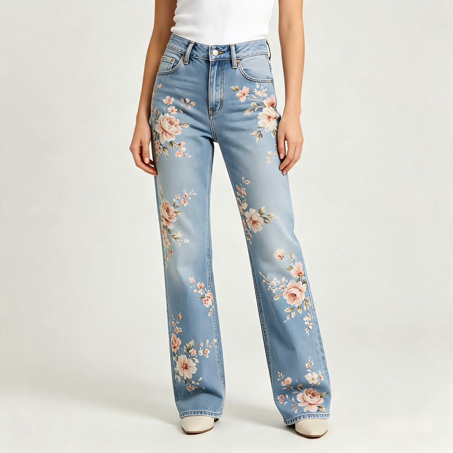 Soft Blossom Light-Wash High-Waisted Wide-Leg Jeans