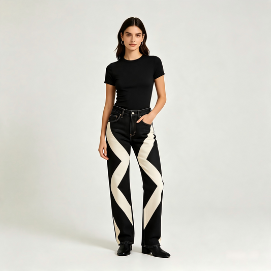 Geometric Chevron High-Waisted Straight-Leg Jeans