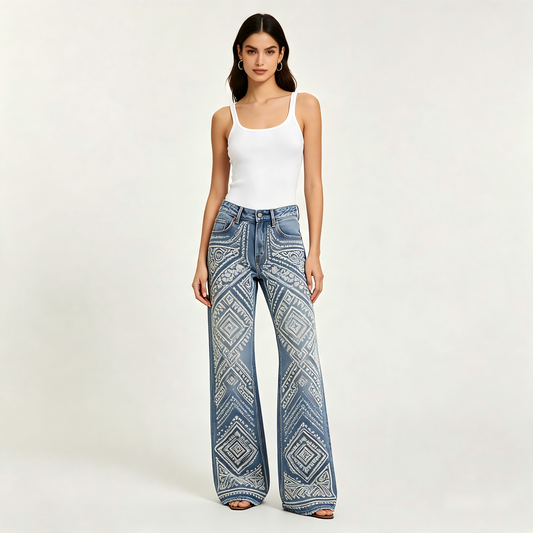 Boho Tribal Embroidered High-Waisted Wide-Leg Jeans