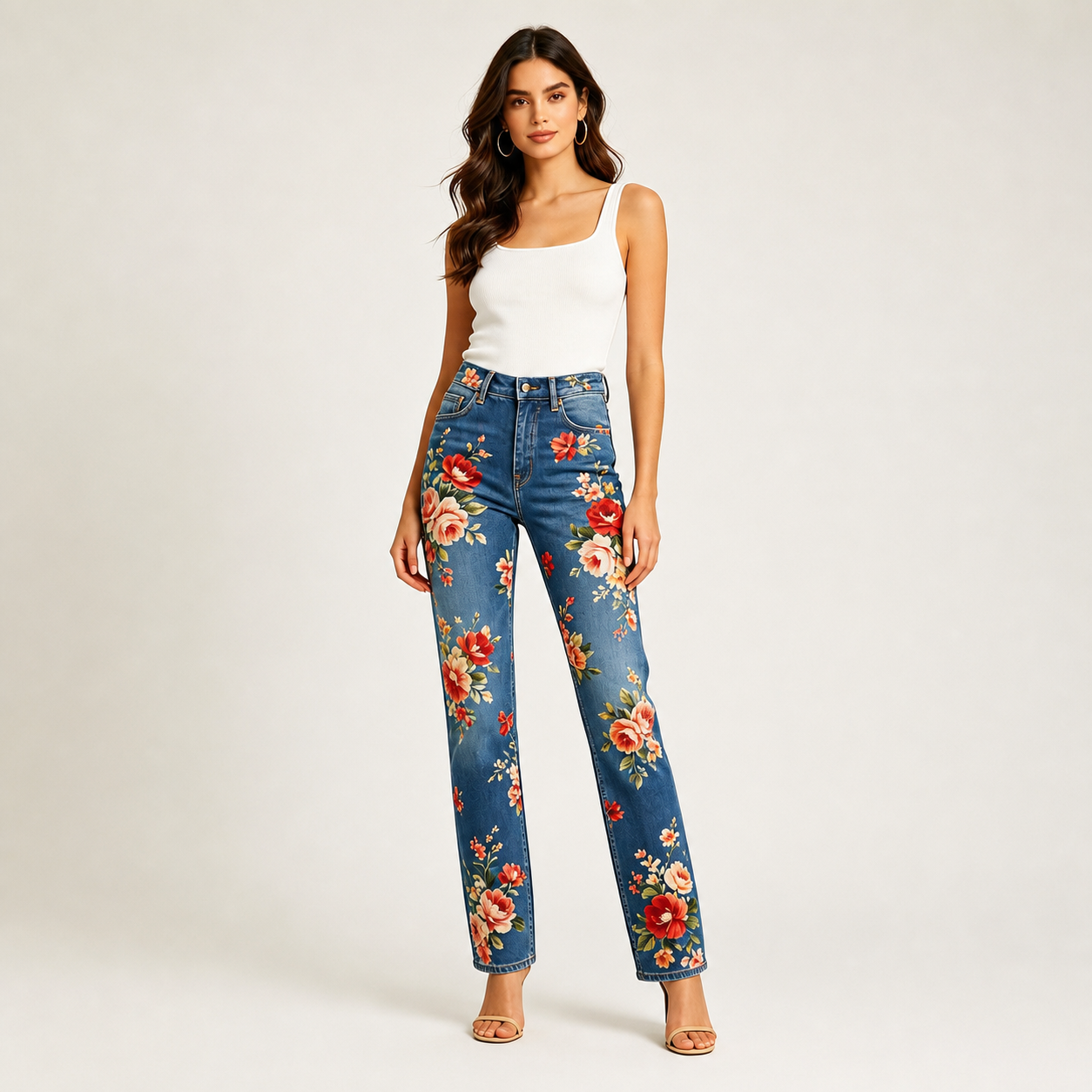 Floral Bloom High-Waisted Printed Straight-Leg Jeans