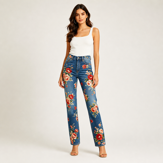 Floral Bloom High-Waisted Printed Straight-Leg Jeans