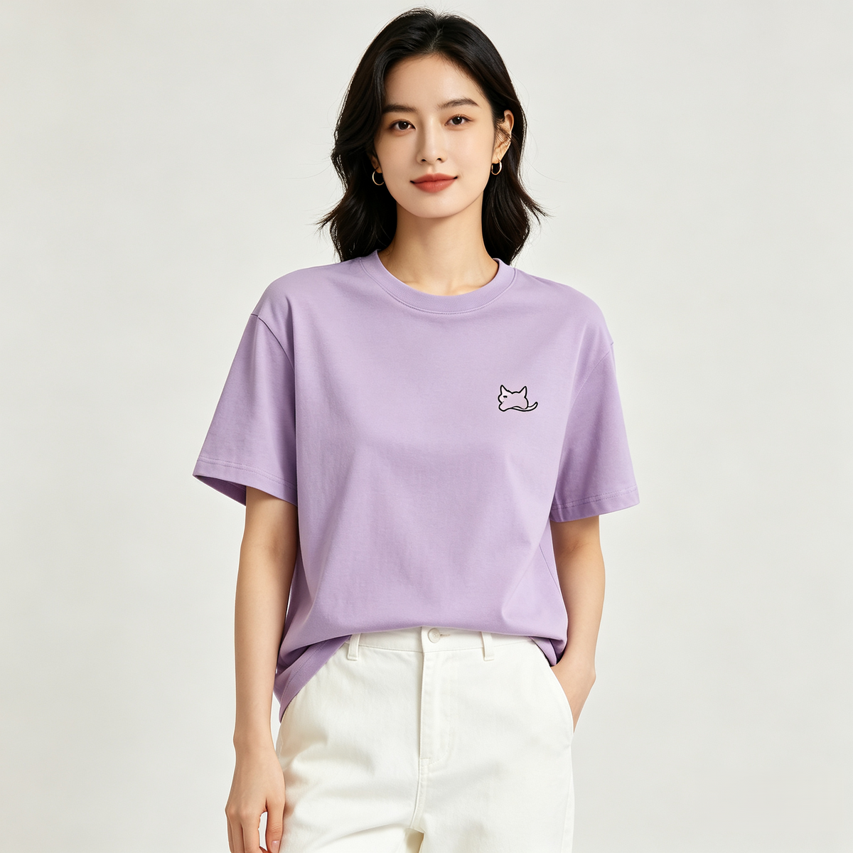 Lavender Minimal Cat Logo Casual Cotton T-Shirt