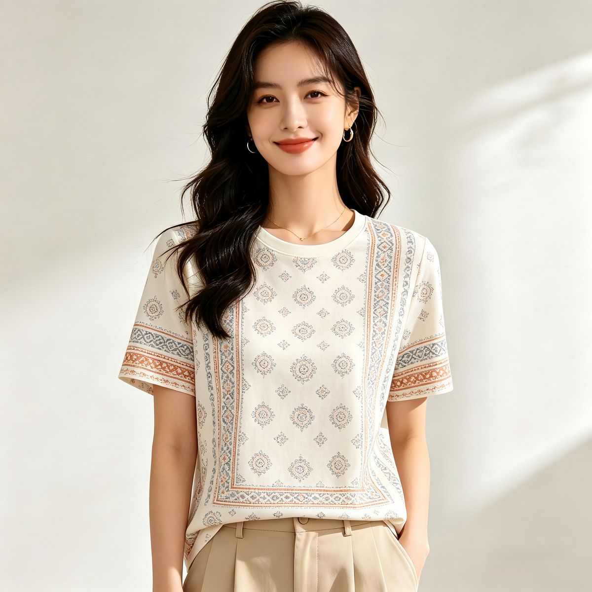 Cream Ethnic Medallion Print Premium Cotton T-Shirt