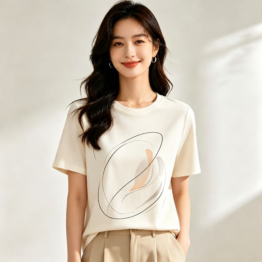 Cream Abstract Art Line Print Premium Cotton T-Shirt