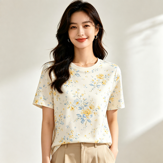 Cream All-Over Yellow & Blue Floral Print Premium Cotton T-Shirt