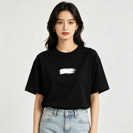 Black Minimal White Brushstroke Print Cotton T-Shirt