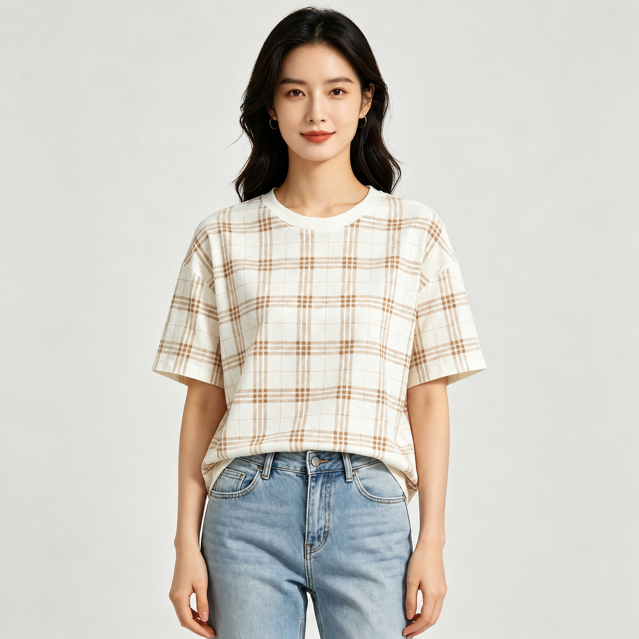 Cream Brown Checkered Relaxed Fit Cotton T-Shirt
