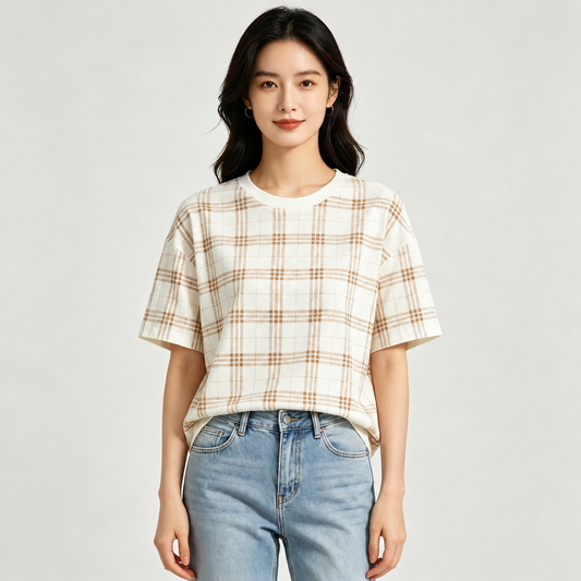 Cream Brown Checkered Relaxed Fit Cotton T-Shirt