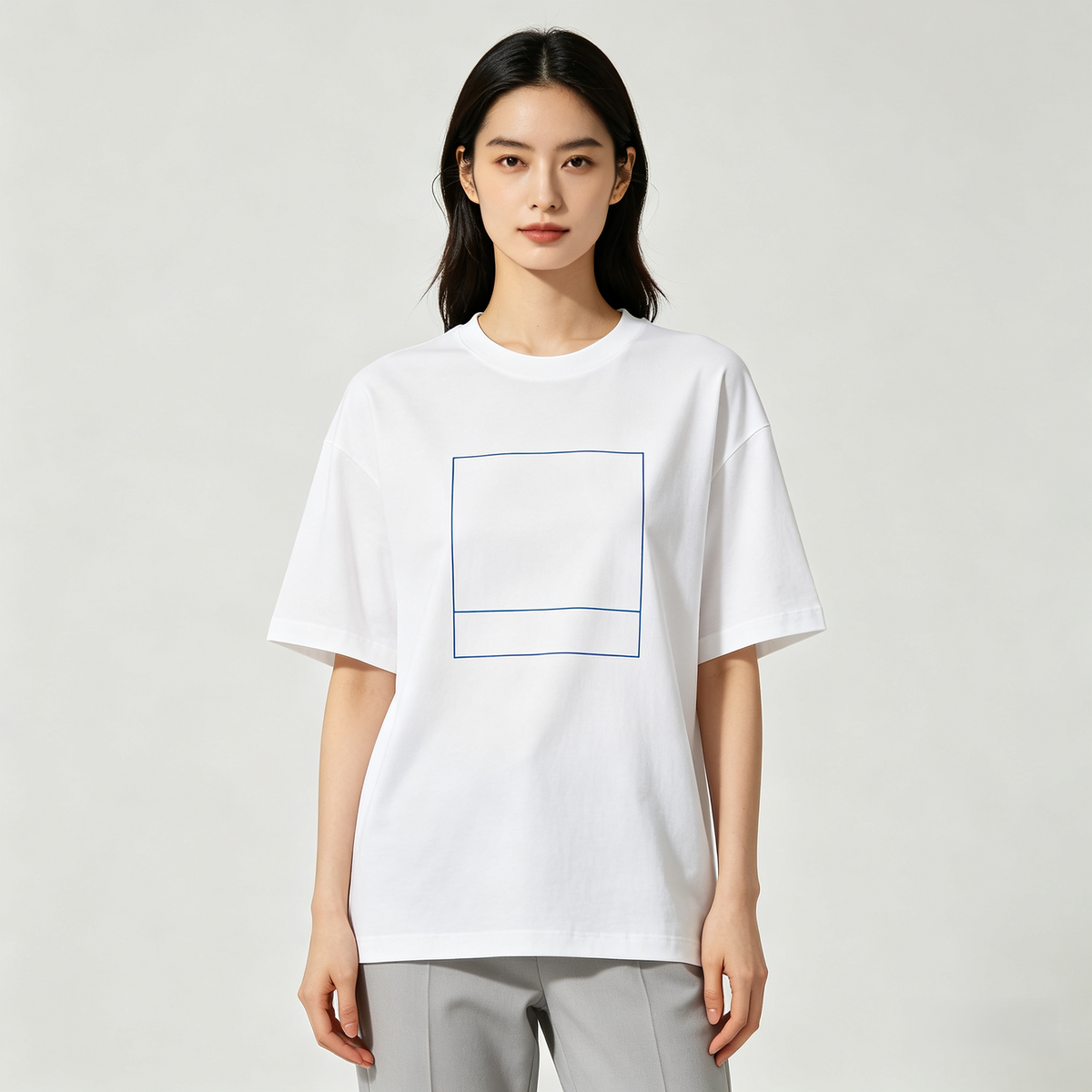 White Minimal Blue Square Line Art Oversized Cotton T-Shirt