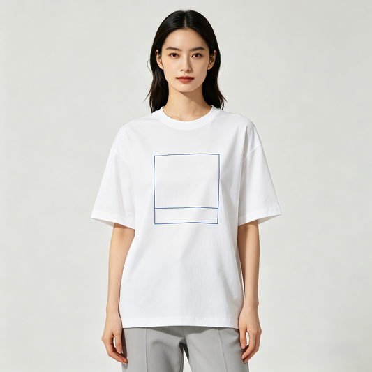 White Minimal Blue Square Line Art Oversized Cotton T-Shirt