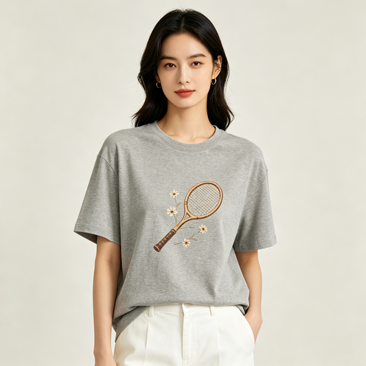 Heather Grey Vintage Tennis Racket Embroidered Cotton T-Shirt